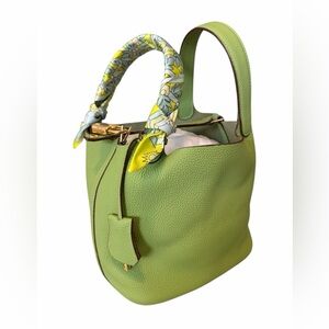 Green Leather Handbag with Scarf Accent